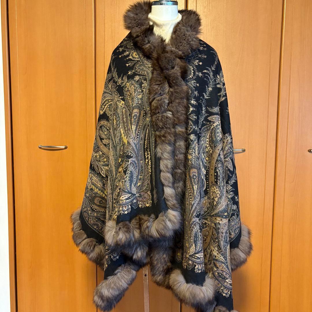 【超美品】ショール　ブルーフォックス付きペーズリー模様カシミアストール