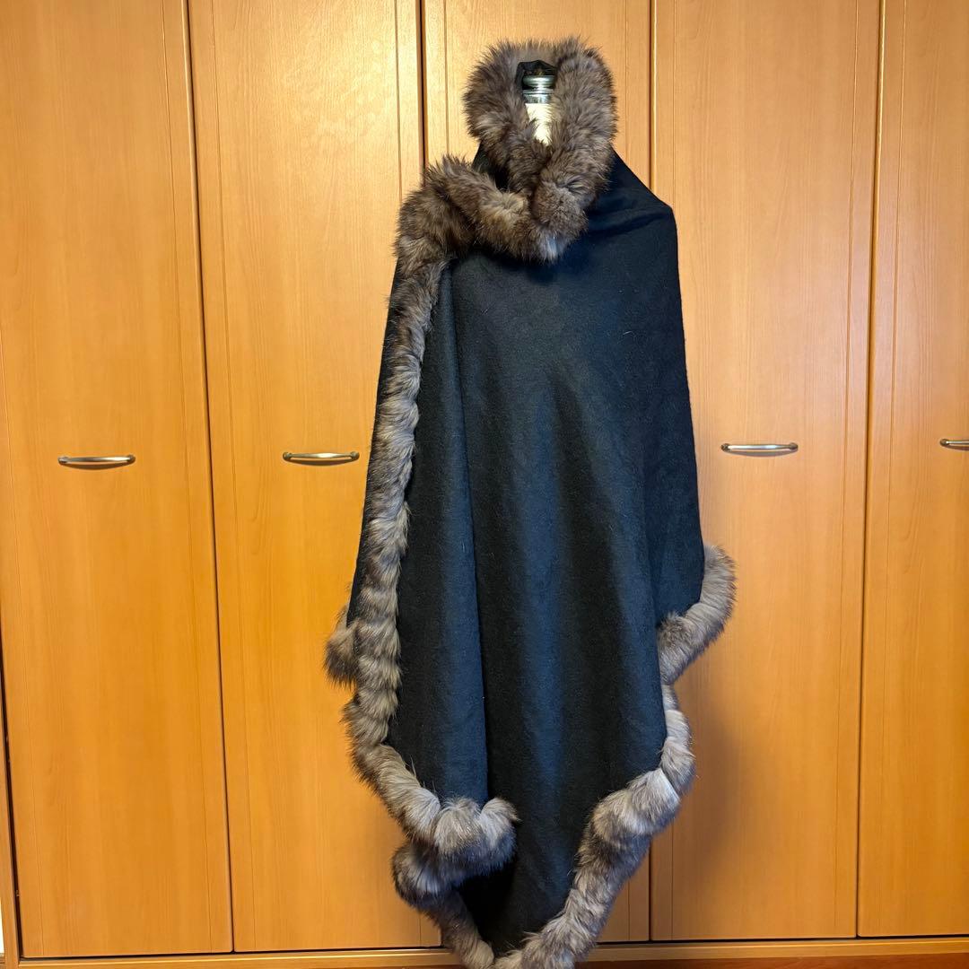 【超美品】ショール　ブルーフォックス付きペーズリー模様カシミアストール