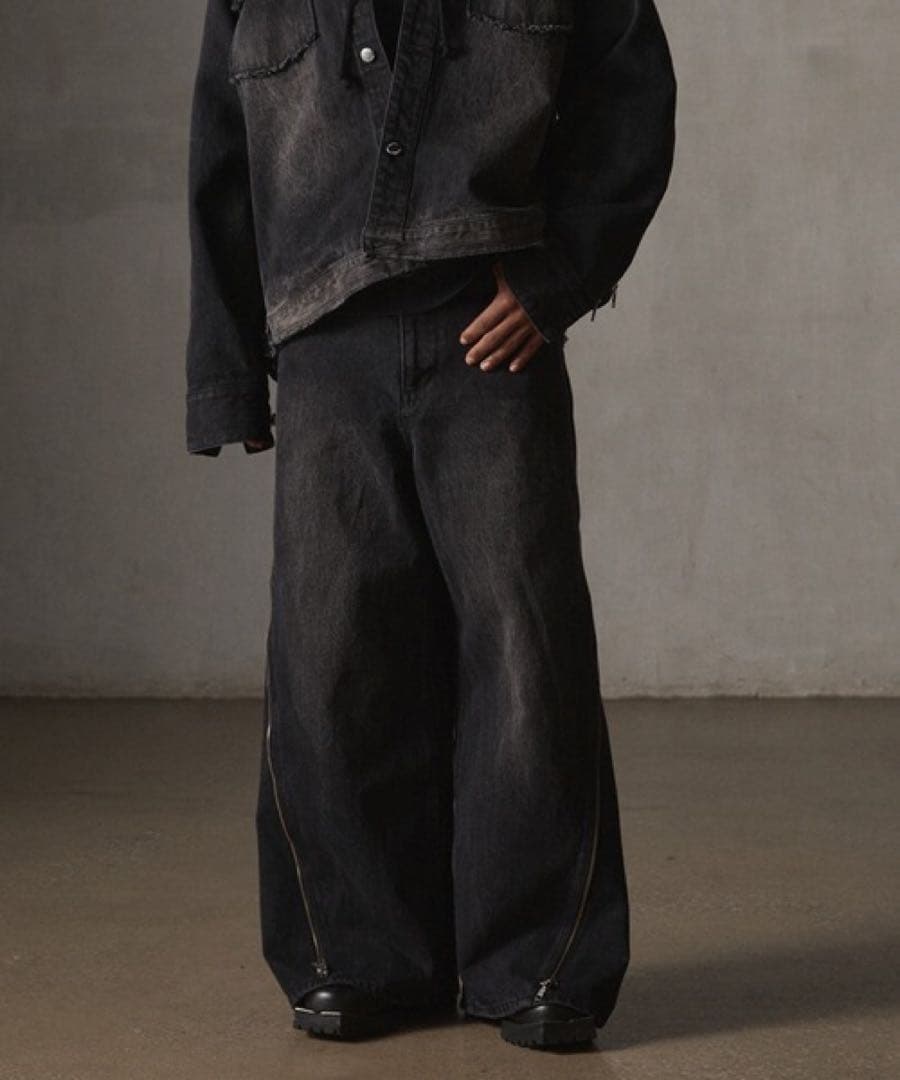 【Grancy】ジップデザインバギーデニムパンツ