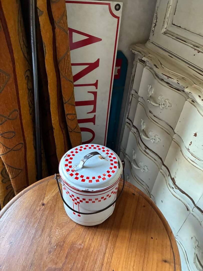 フランス　アンティーク　ホーロー　ストッカー　キャニスター　ダミエ　市松　レア