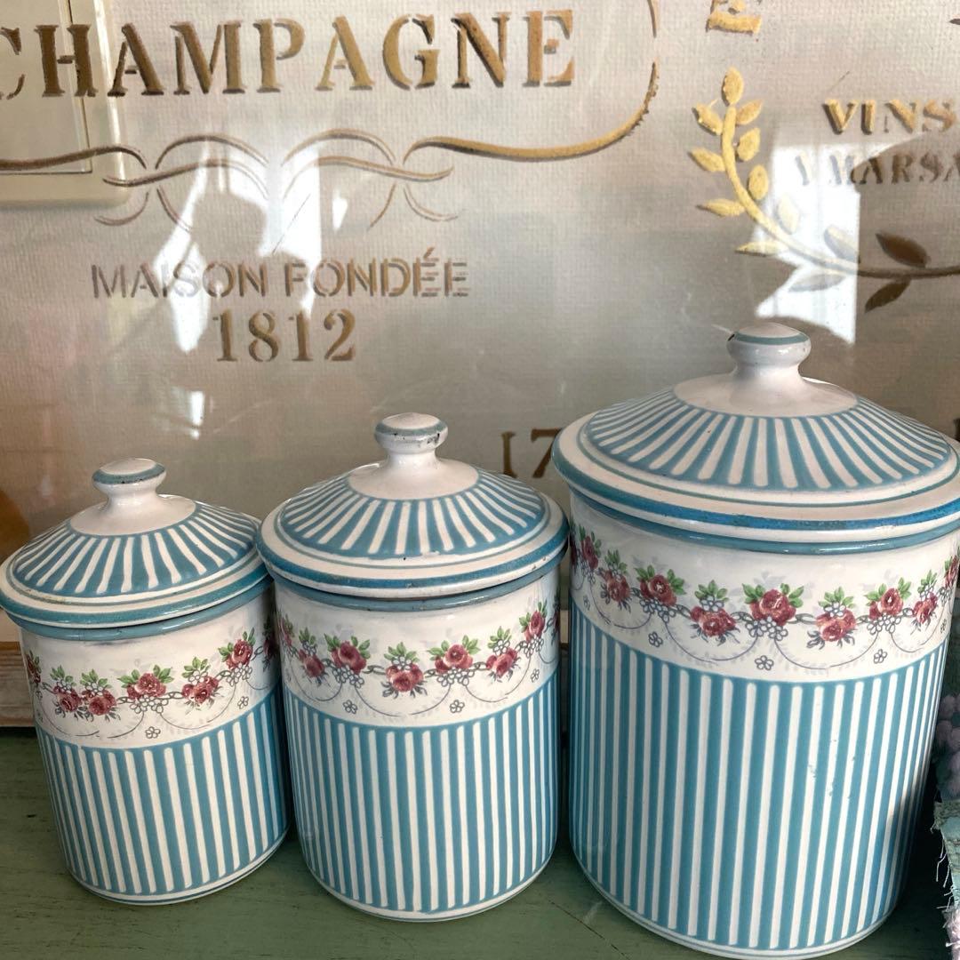 フランスアンティーク ホーロー キャニスター ローズバンド