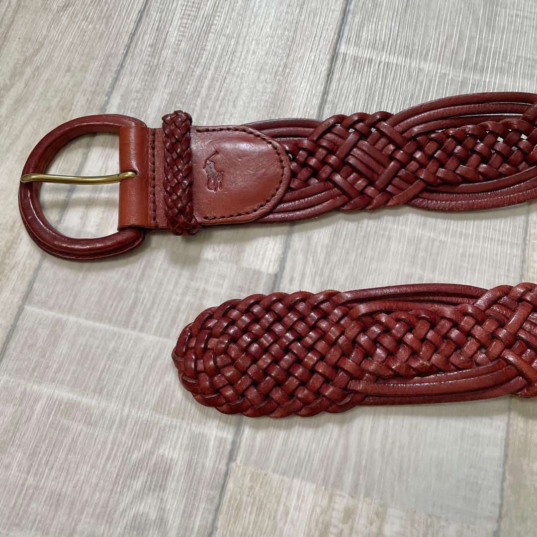 状態良《ラルフローレン》 編み込みレザーベルト 真鍮 高級 ブラウン