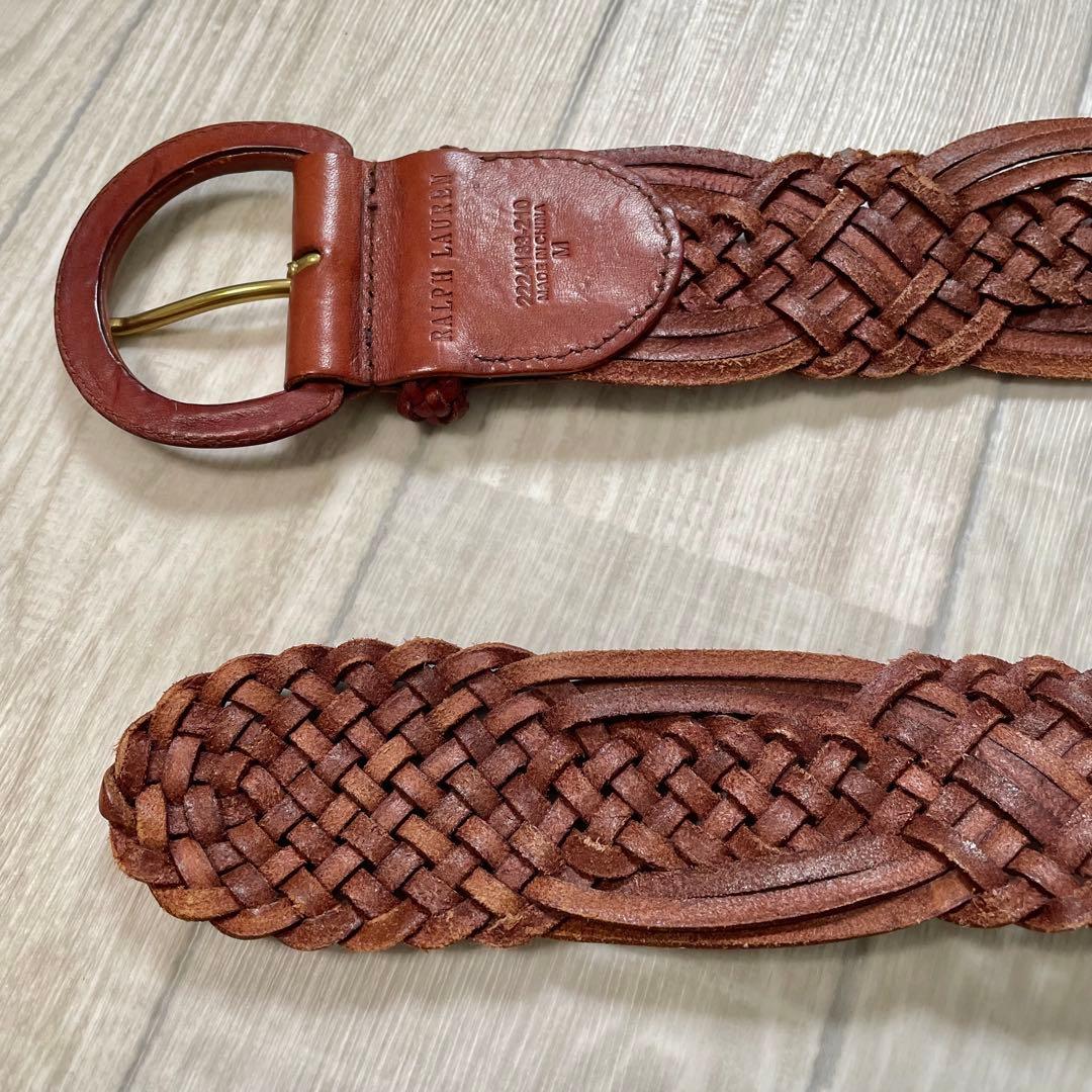 状態良《ラルフローレン》 編み込みレザーベルト 真鍮 高級 ブラウン