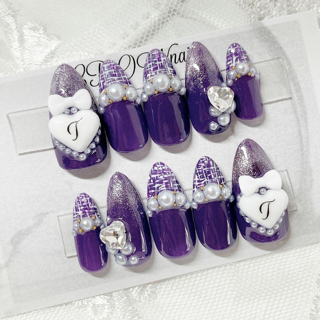 ネイルチップ 量産型 紫 ツイード リボン イニシャル 推しネイル #51
