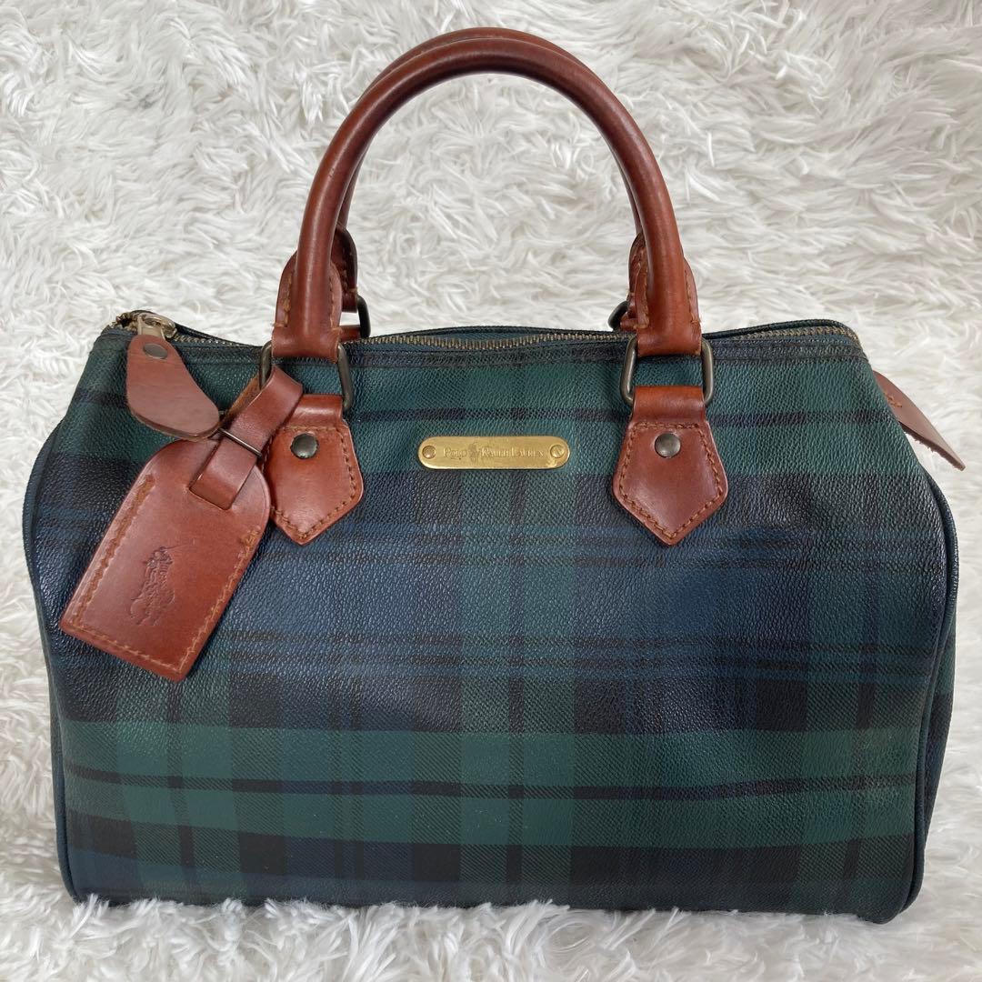 ポロラルフローレン ミニボストンバッグ チェック 金プレート PVC