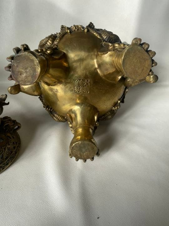真鍮製 超特大 香炉 高級黄銅製香炉 銘有り 獅子 龍 縁起物 14.70Kg
