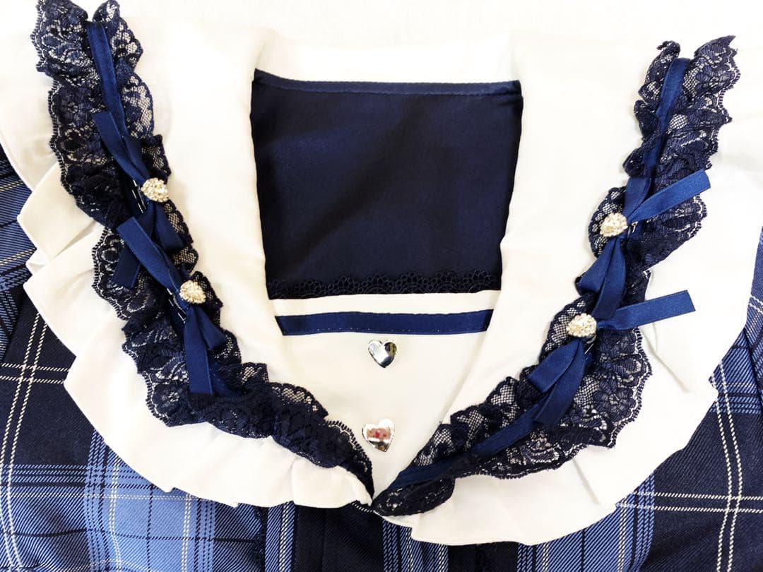 セーラービジューレースフリルワンピース L ミニ　ネイビーチェ　新品