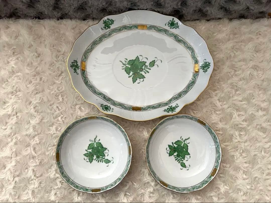 ヘレンド　アポニー・ヒストリック・グリーン　オーバルディッシュ＆ボウルセット