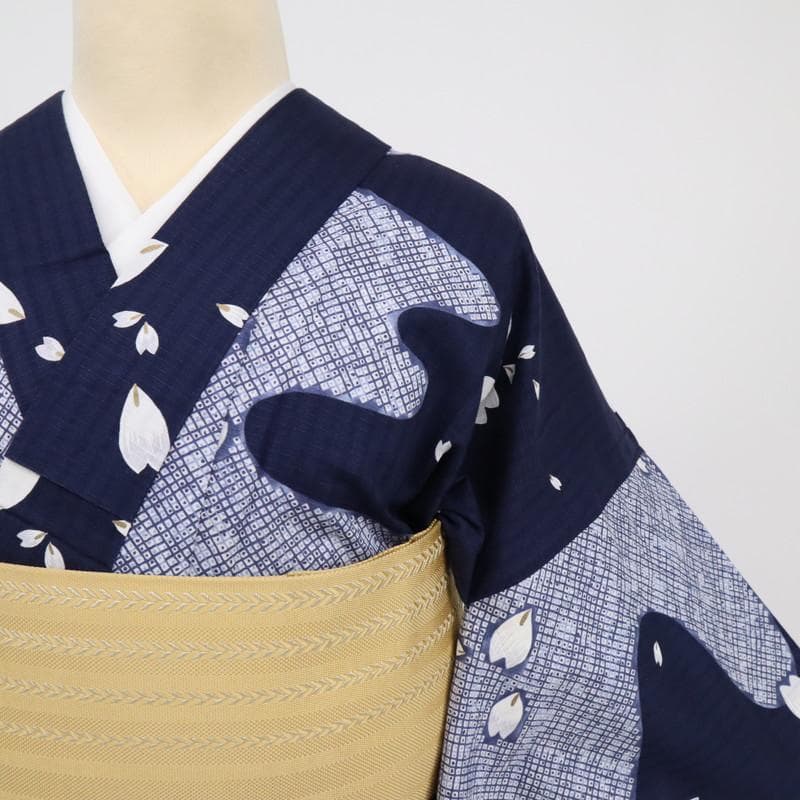 浴衣】長尺 鹿の子に花びら模様 紺 普段着 木綿 カジュアル 夏着物7UA18