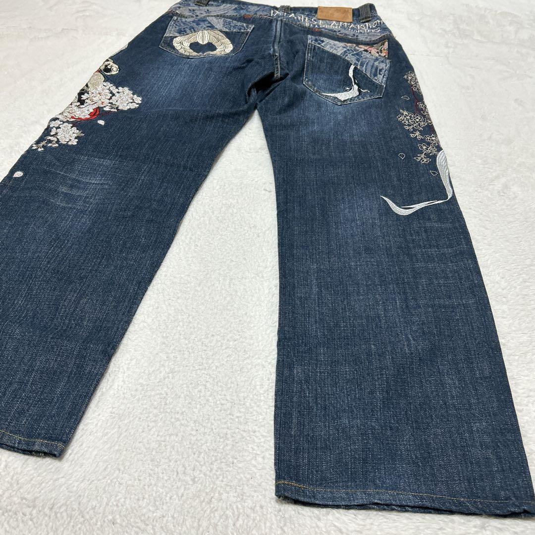 希少 Y2K 抜刀娘 大和 桜 刺繍 ワイド デニム パンツ 36インチ