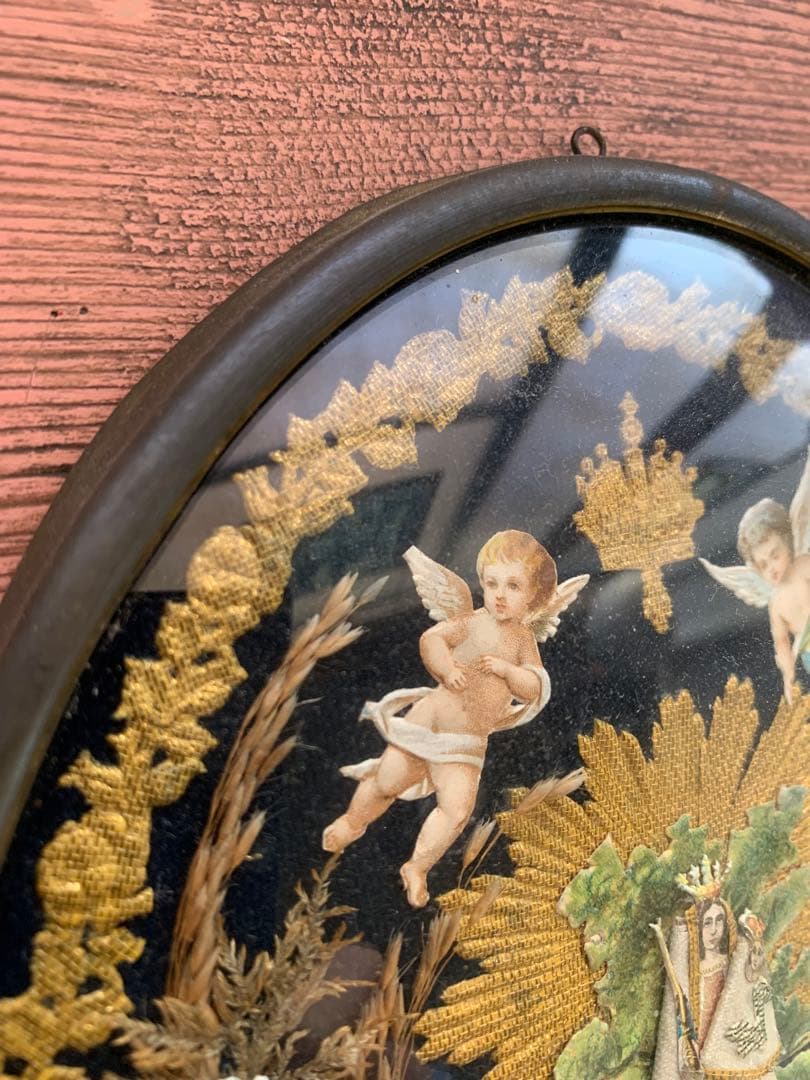 フランスアンティーク 19世紀ベルギーガラス額に美しくデコパージュ