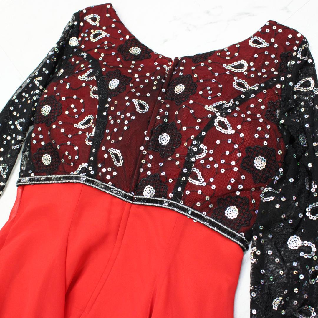 【美品 社交ダンス衣装】ワンピース ドレス 赤 黒 レッド ブラック レース