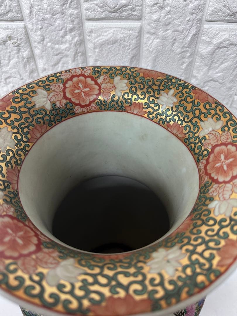 広東絵 粉彩 大花瓶 仕女図 花鳥 46cm 金彩 装飾壺 中国美術