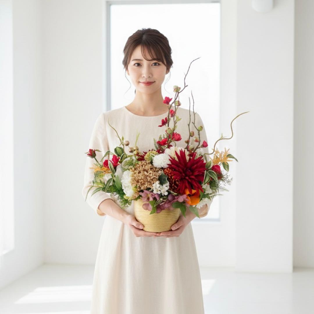 正月アレンジ｜金彩ゴールド器に咲く華やぎの和花たち・通年飾れる光触媒フラワー