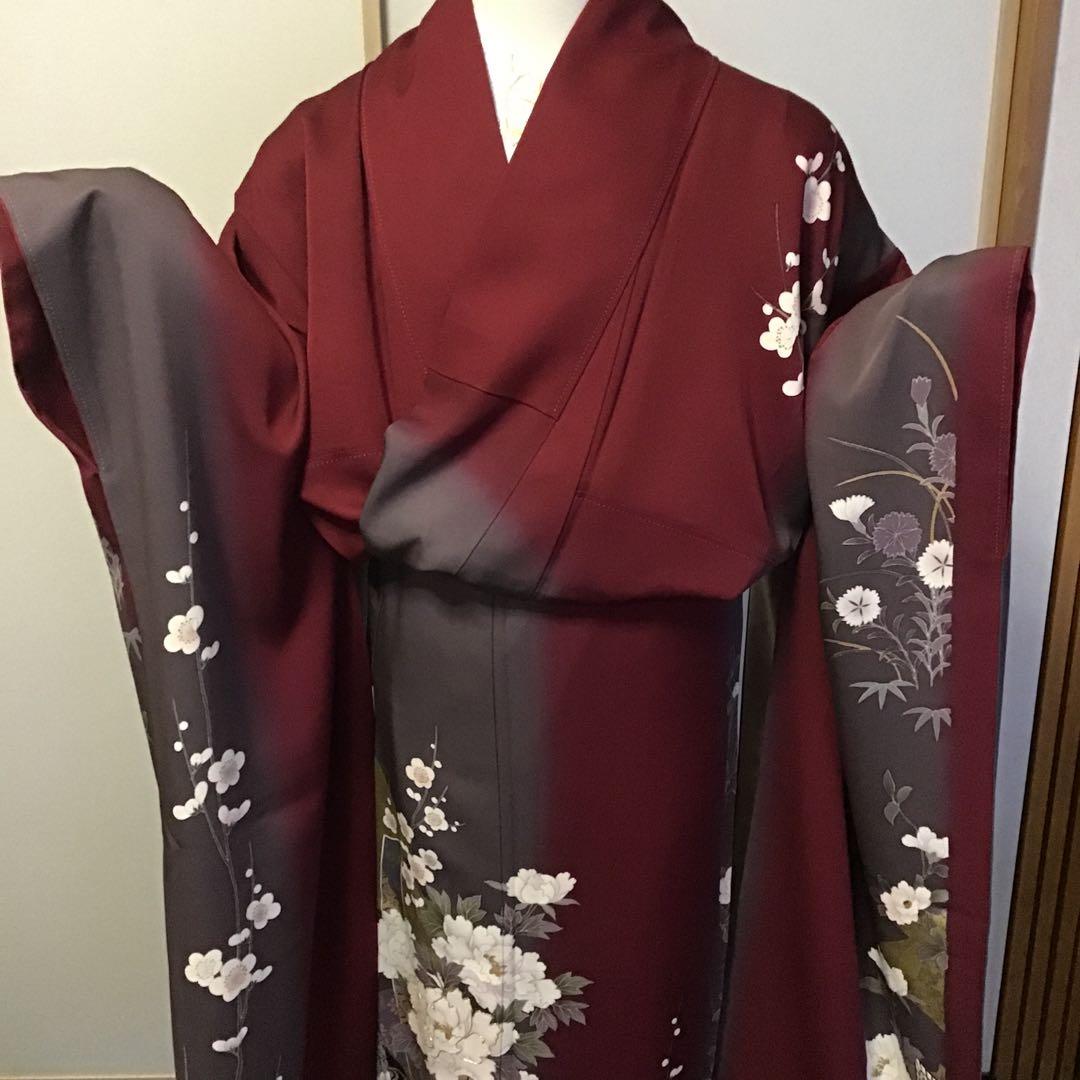振袖セット 赤 エンジ 牡丹花 金彩 振袖6点セット 正絹 成人式 卒業式