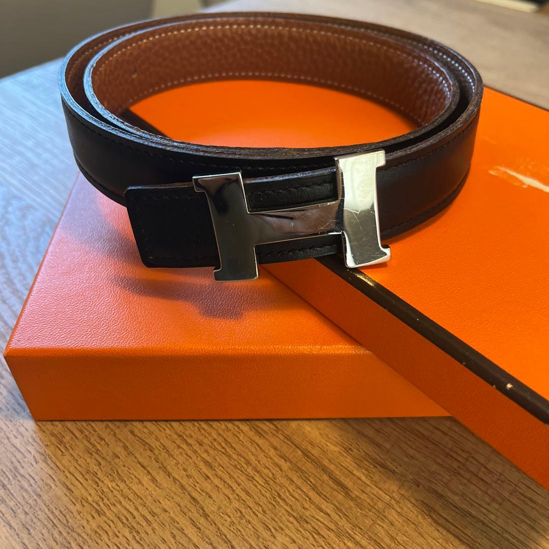 【美品】エルメス ベルト コンスタンス リバーシブル 黒 シルバー 65