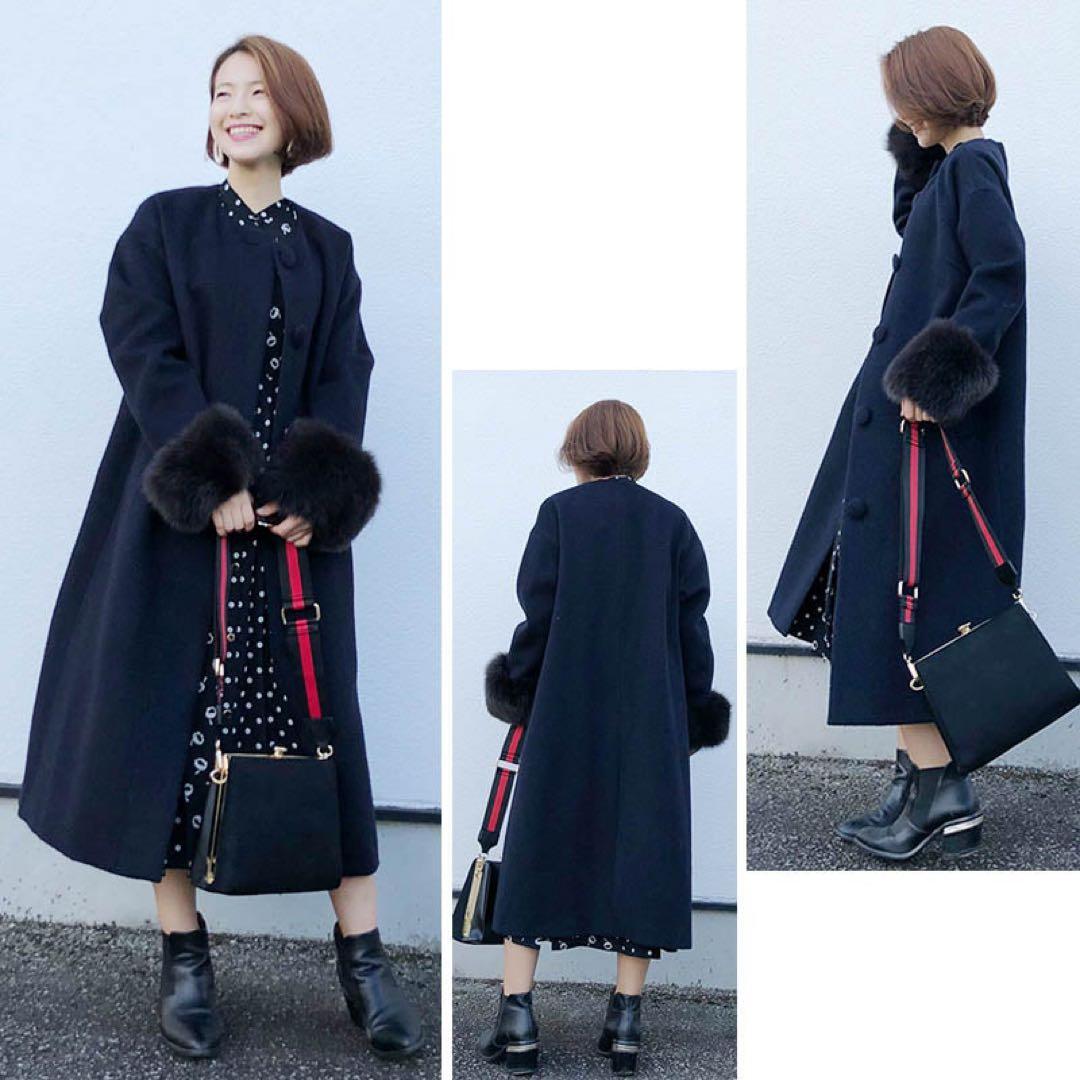 グレースコンチネンタル ノーカラーコート ウール アルパカ ダークネイビー