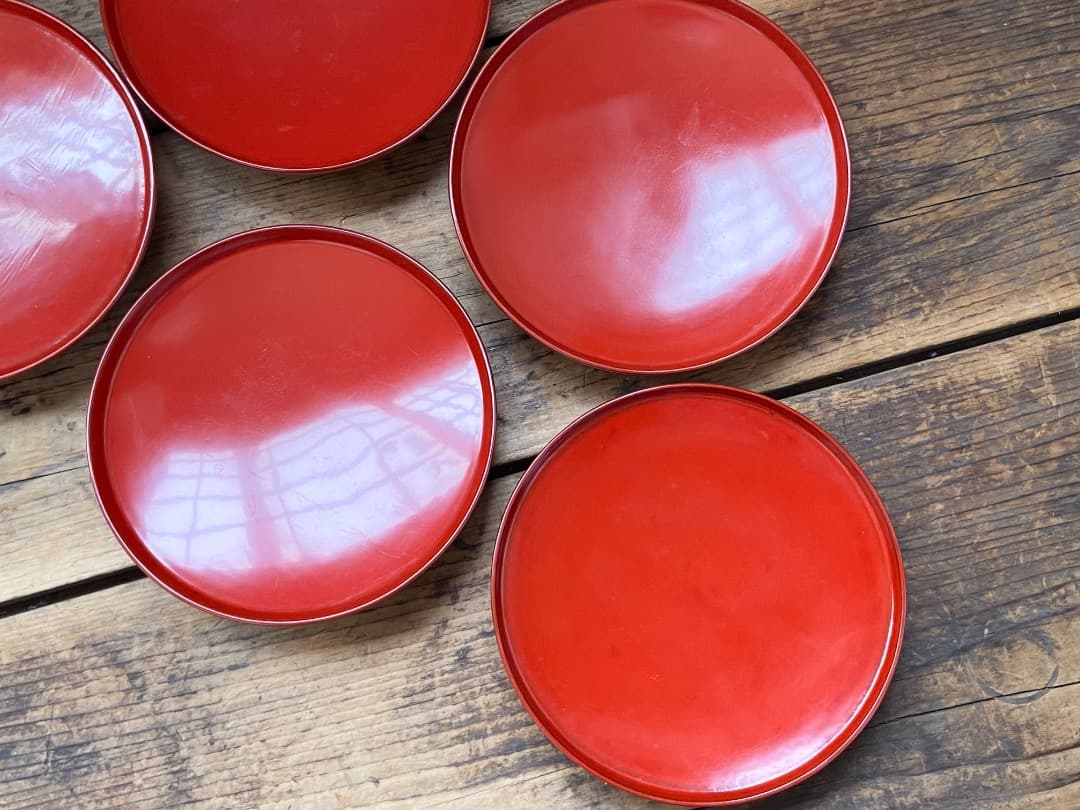 傷あり◎能登蔵出し 輪島塗 朱漆 平椀 5客 / 漆器椀 懐石椀 煮物椀 正月