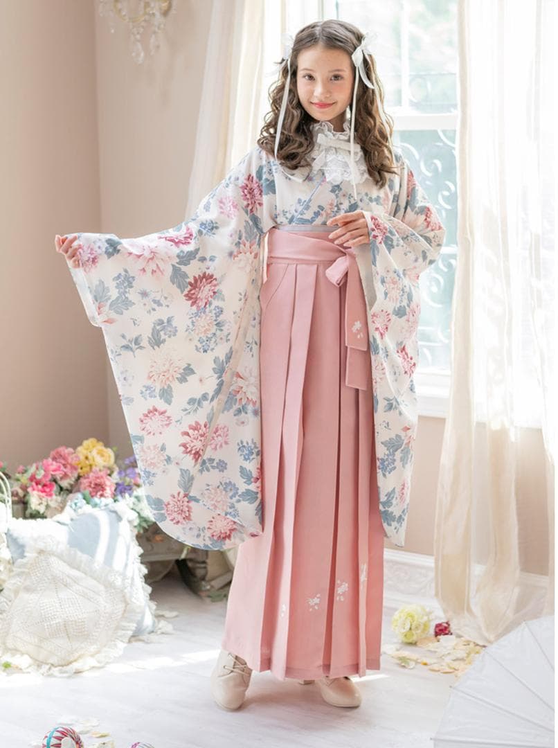 CC送料込み 袴セットダリアベージュ着物×桃袴[B1]150㎝【M3886