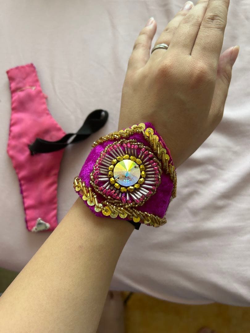 ベリーダンス 衣装　セットアップ フリンジ ピンク　ベロア