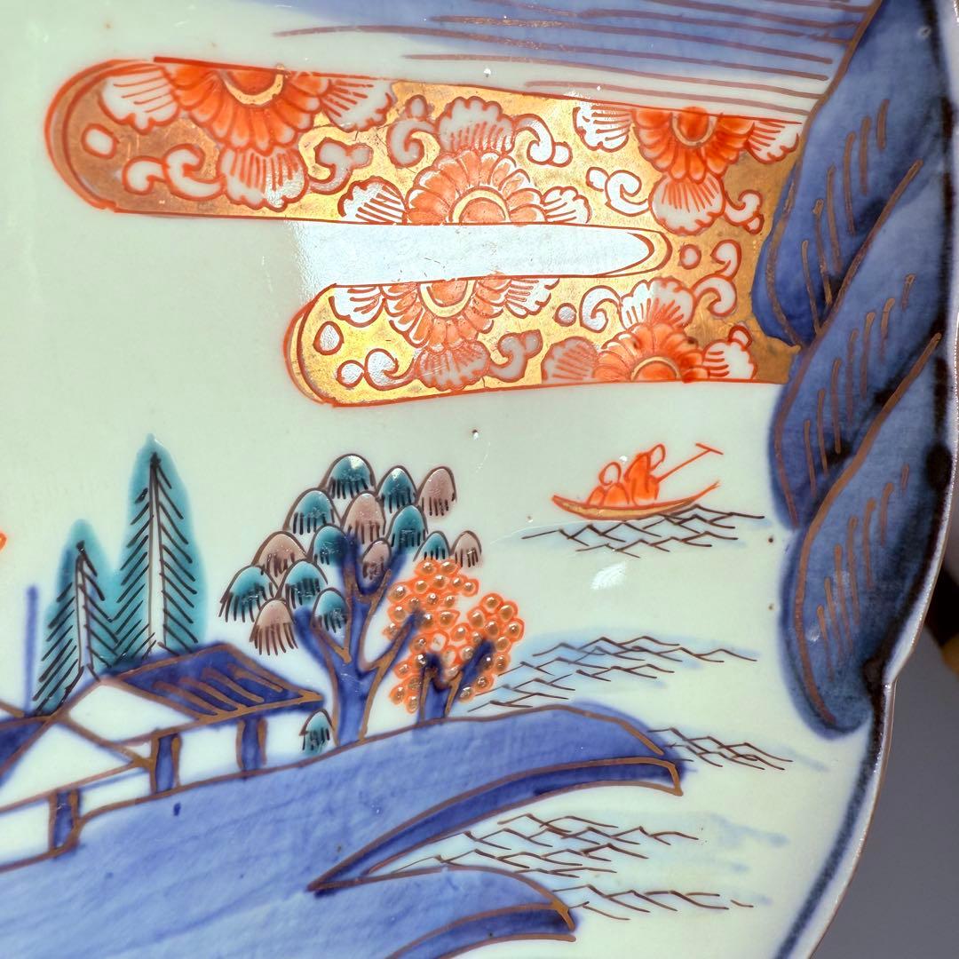 豪商家特注品　古伊万里　染錦風景画輪花型七寸皿　五客　直径21.5㎝