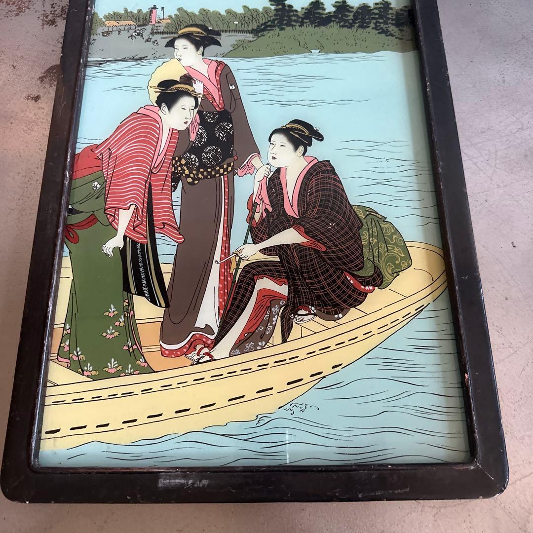 瞬間的お値下げ‼️ヴィンテージ希少品‼️浮世絵 ガラス絵 女性と舟 木製