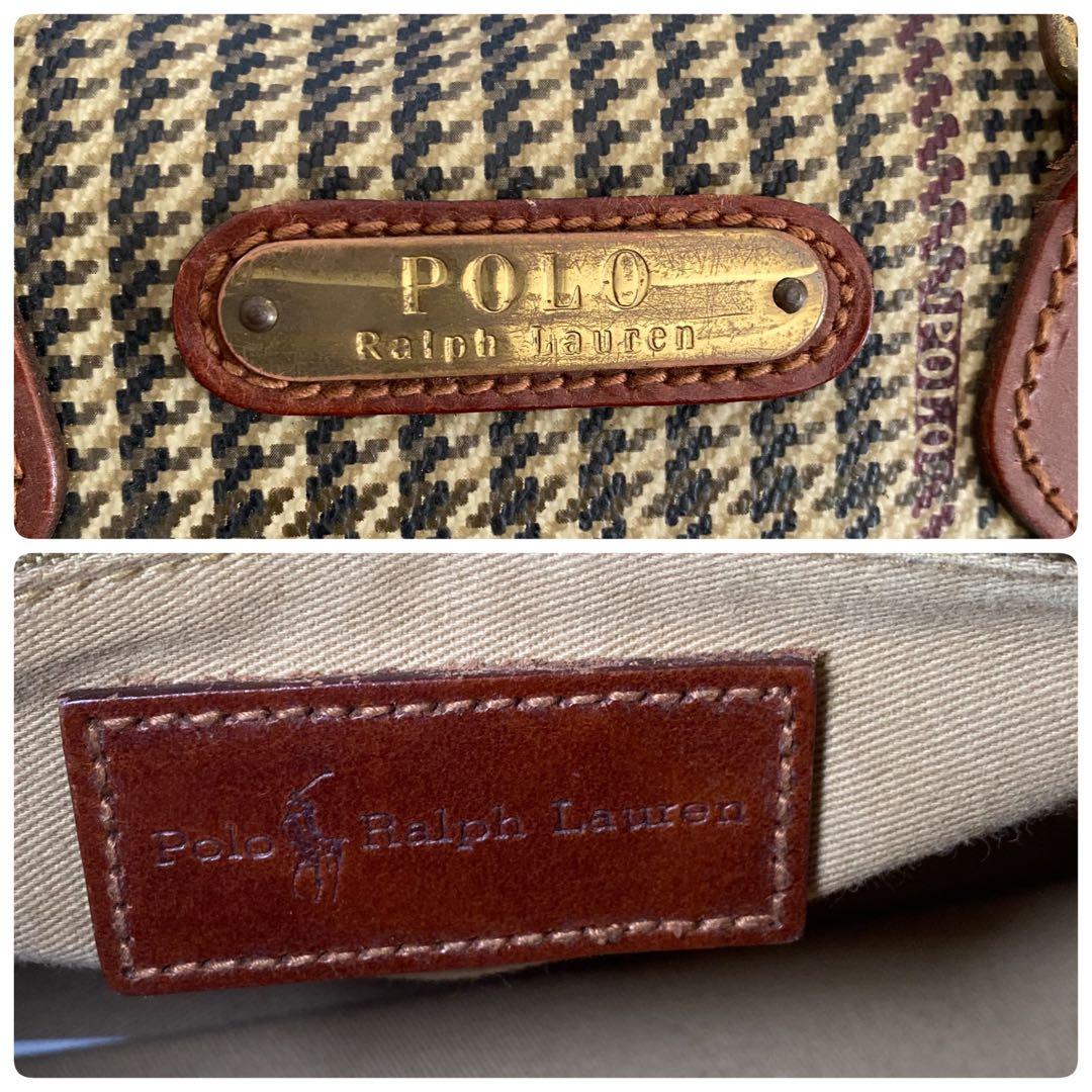 ポロラルフローレン ミニボストンバッグ キャンバス レザー 千鳥柄
