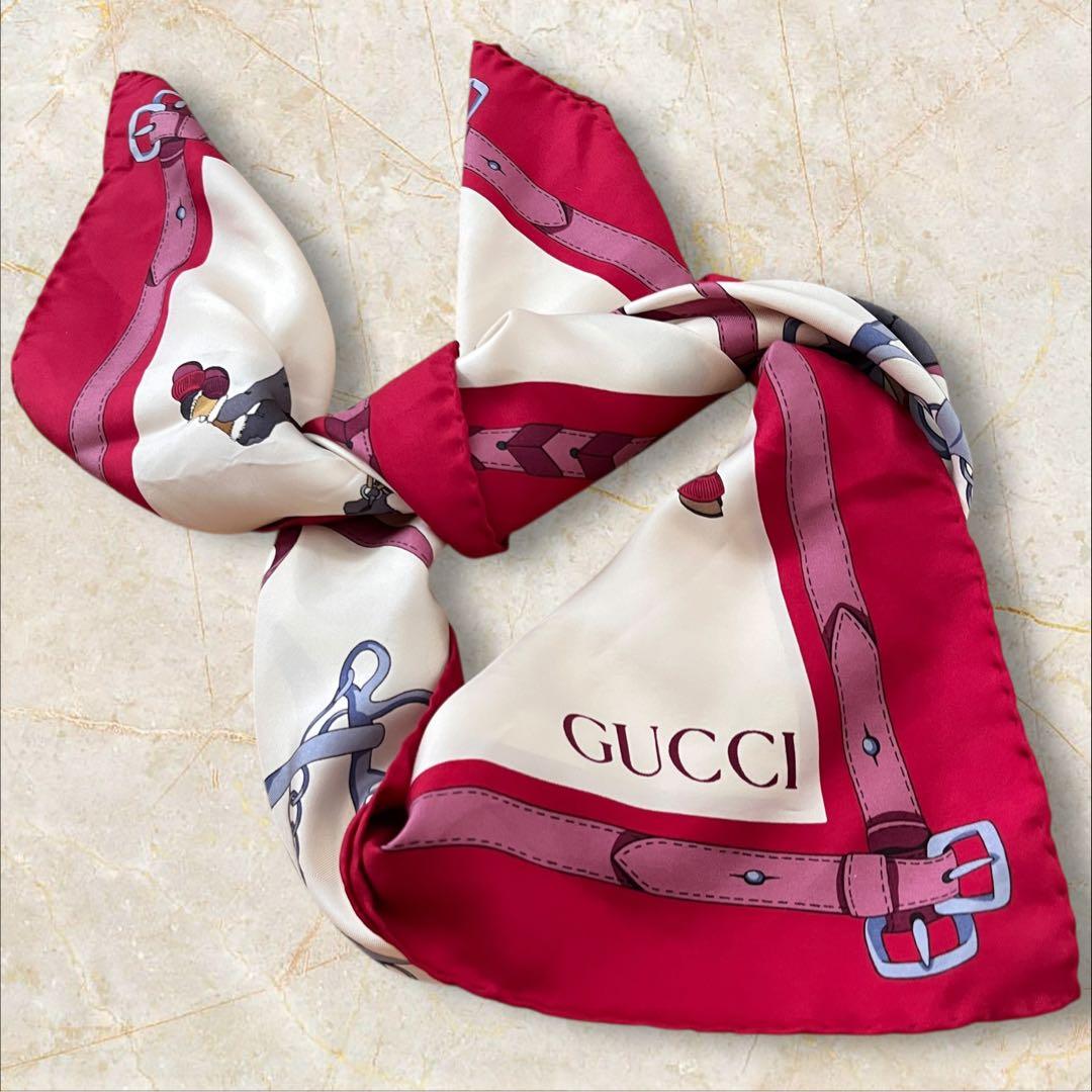 GUCCI グッチ シルク 大判 スカーフ バンダナ 赤