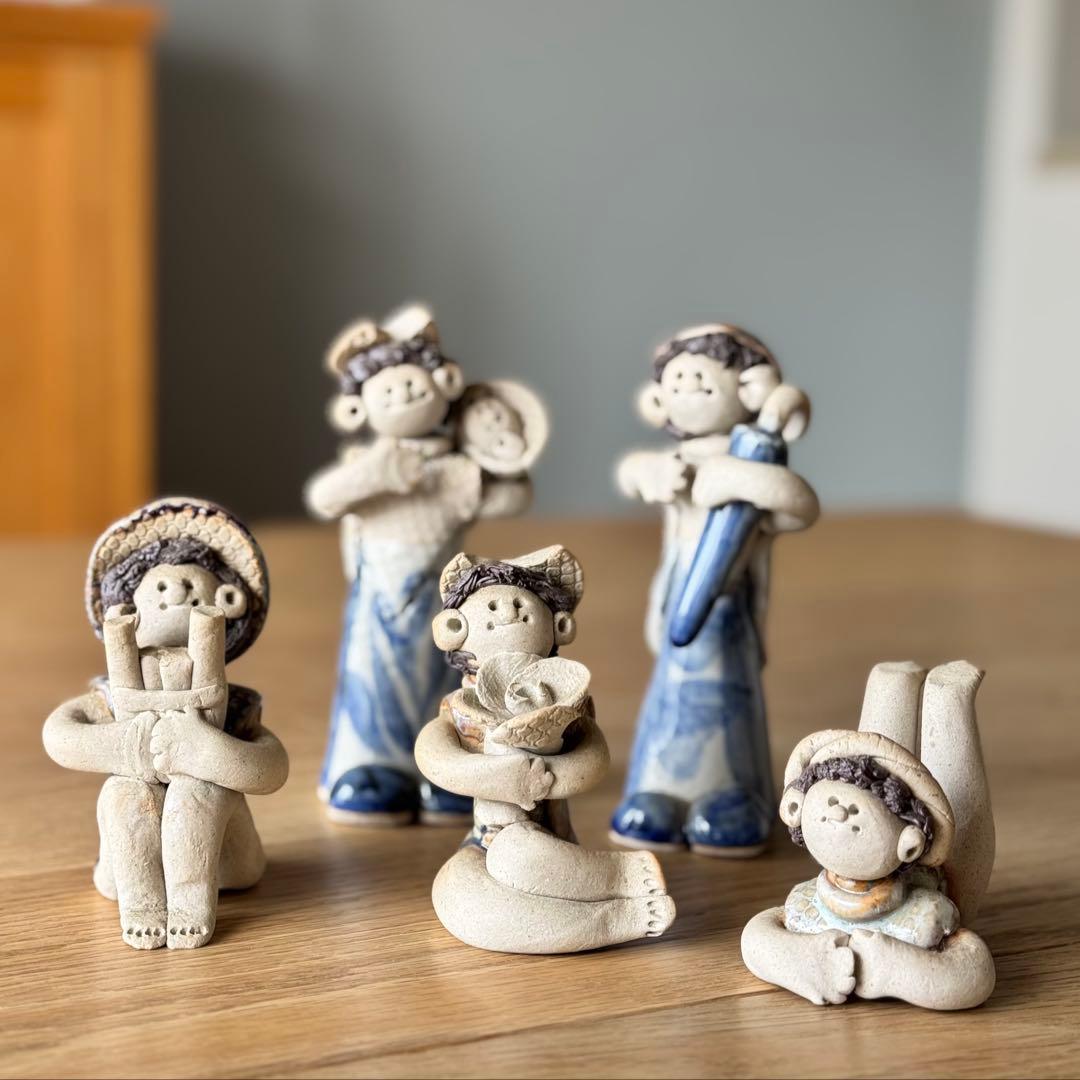 美品⭐︎砥部焼 青芳窯 青芳人形 5体 森元青芳