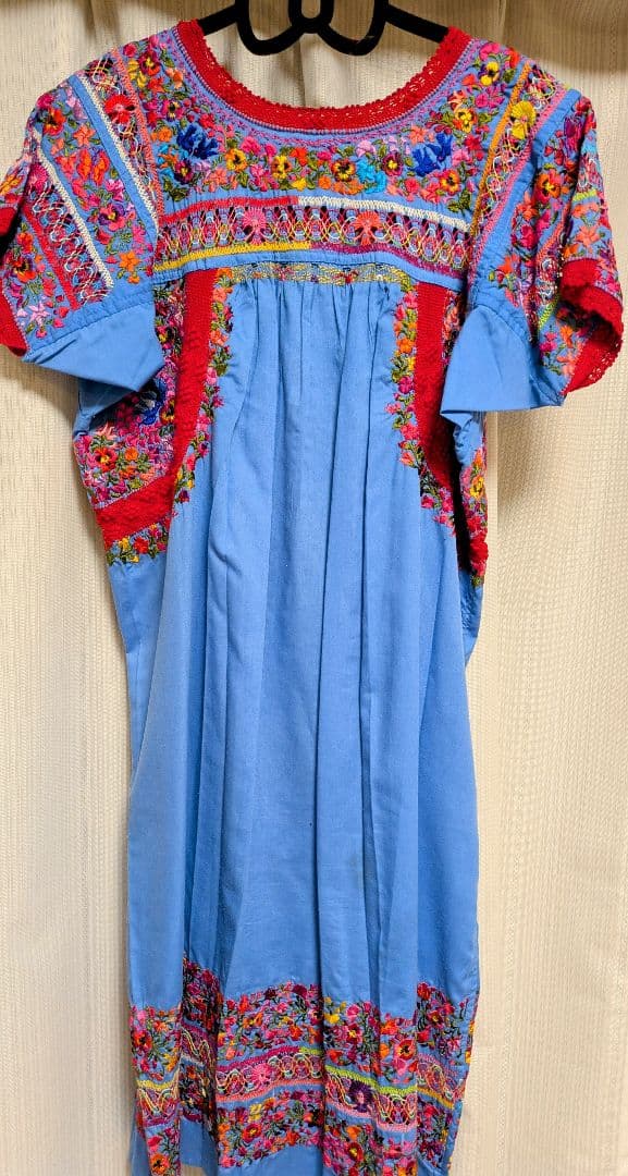 ヴィンテージ ブルー ハンド刺繍 オアハカ メキシカン マキシ ドレス 一点物