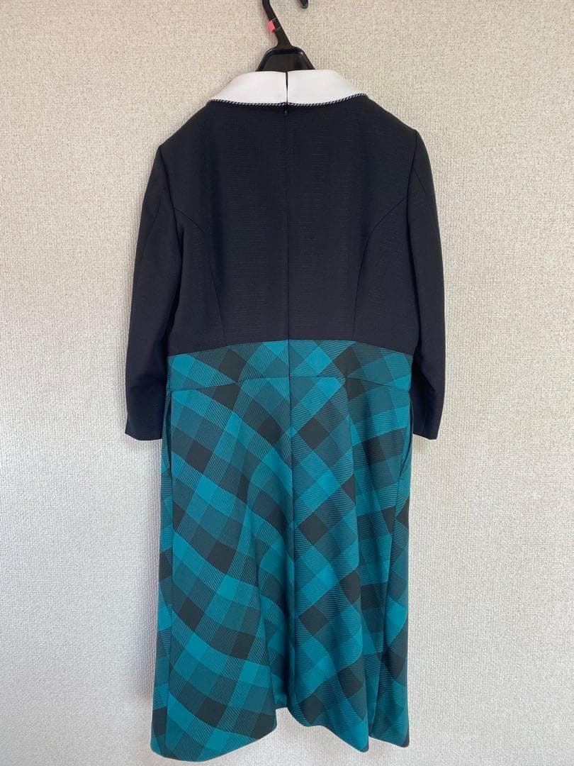 【新品タグ付き】アンジョア 事務服 11号 七分袖ワンピース グリーンチェック