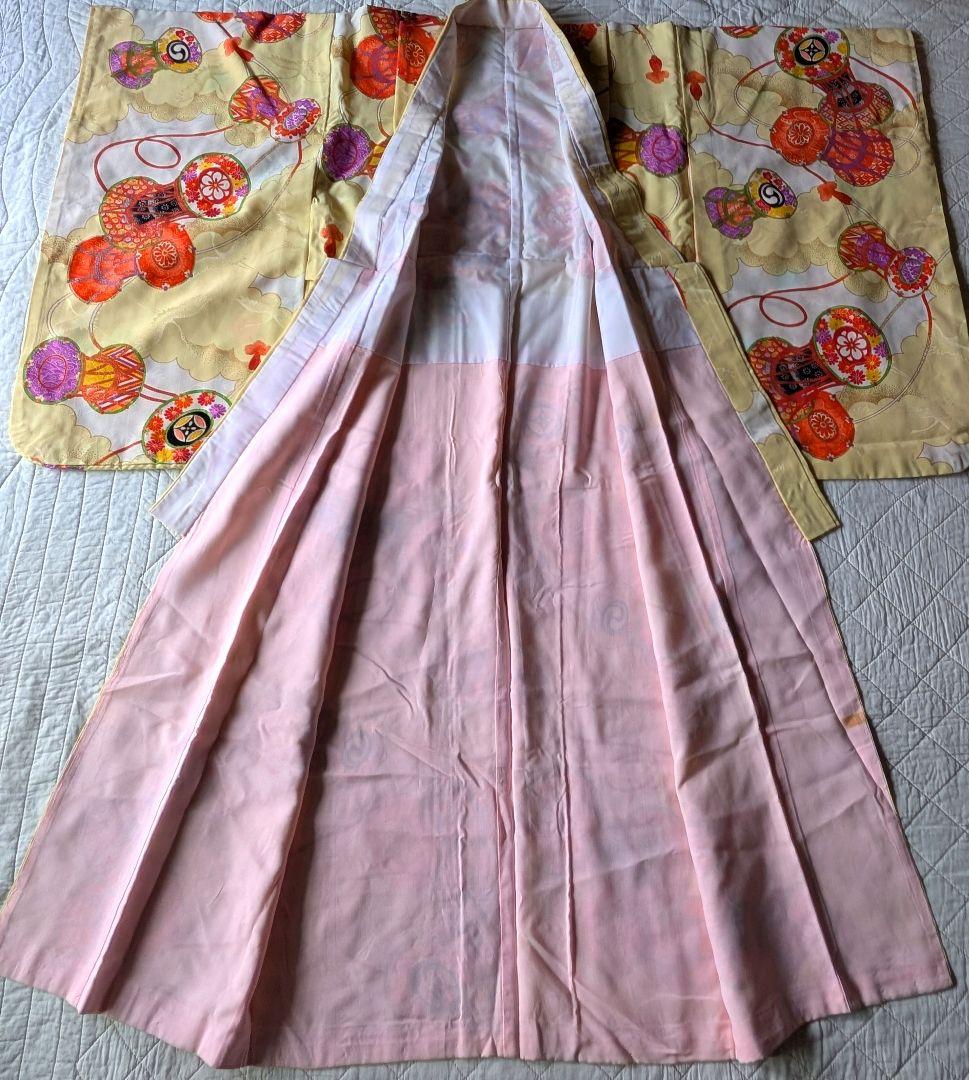 正絹アンティーク着物【オフホワイト×レモンイエロー堤柄】七五三７歳セット