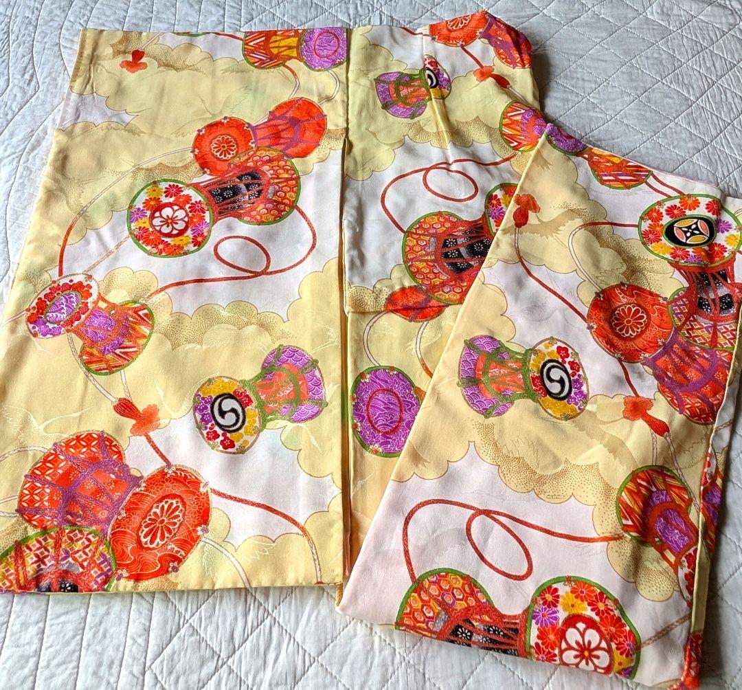 正絹アンティーク着物【オフホワイト×レモンイエロー堤柄】七五三７歳セット