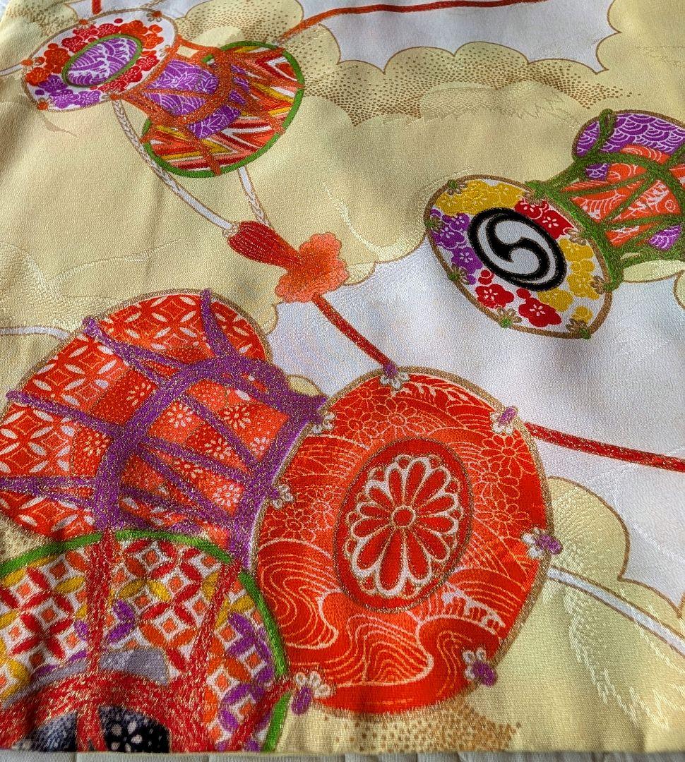 正絹アンティーク着物【オフホワイト×レモンイエロー堤柄】七五三７歳セット