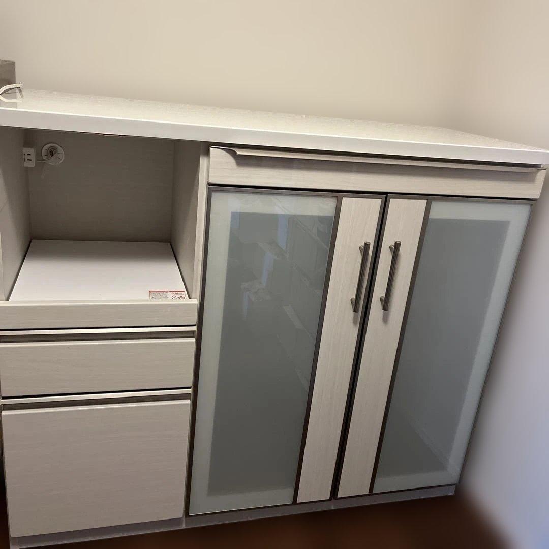 ホワイト木製食器棚 引き出し・ガラス扉付き