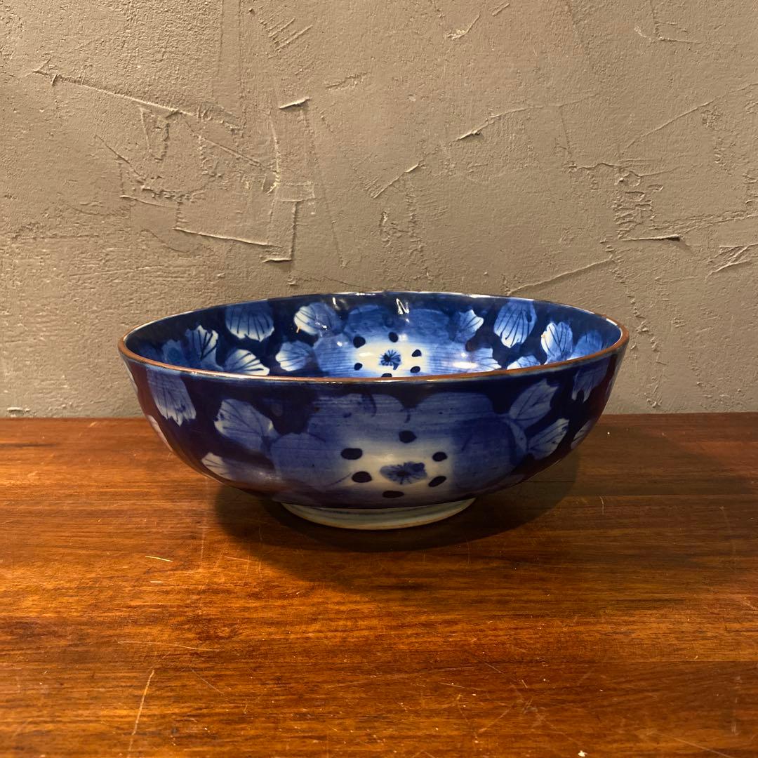 骨董品 大鉢 器 藍 高台皿 25cm コレクション 時代物　染め付け