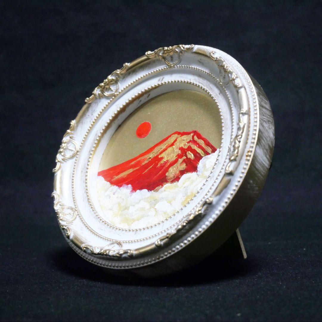 油絵 油彩 油彩画 絵 絵画 円形ミニ絵画 【赤富士】【金】