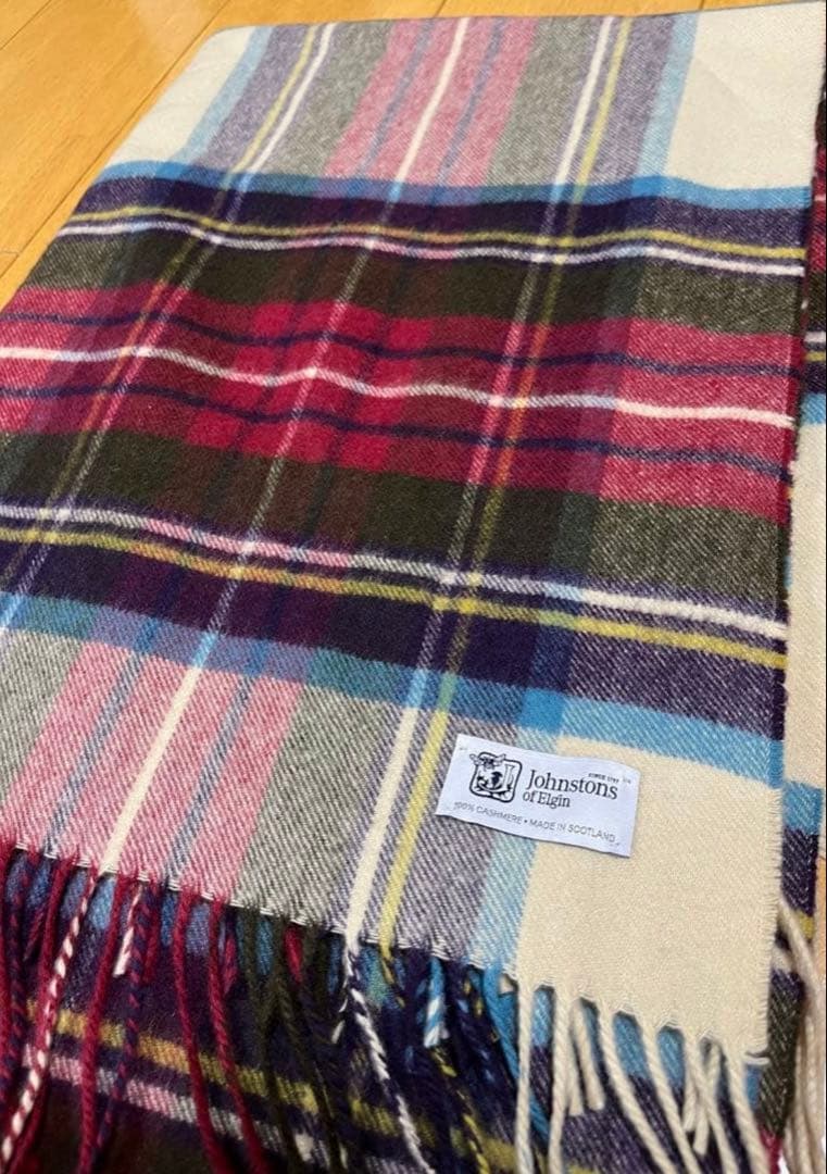 美品　ジョンストンズ　オブ　エルガン カシミヤ100％ チェック柄 大判ストール