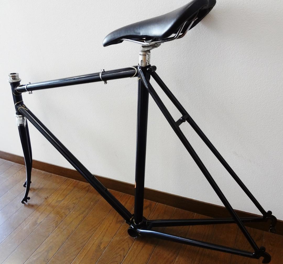 【リペイント】カワムラ　クロモリ　ロードバイク　フレーム　黒　ブラック　金縁