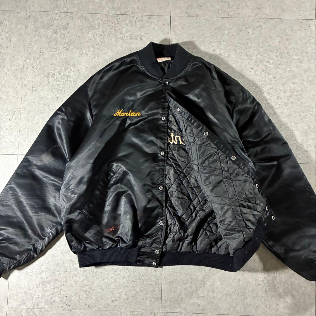 USA製80s Birdie中綿ナイロンスタジャン裏キルト刺繍ブラック短丈