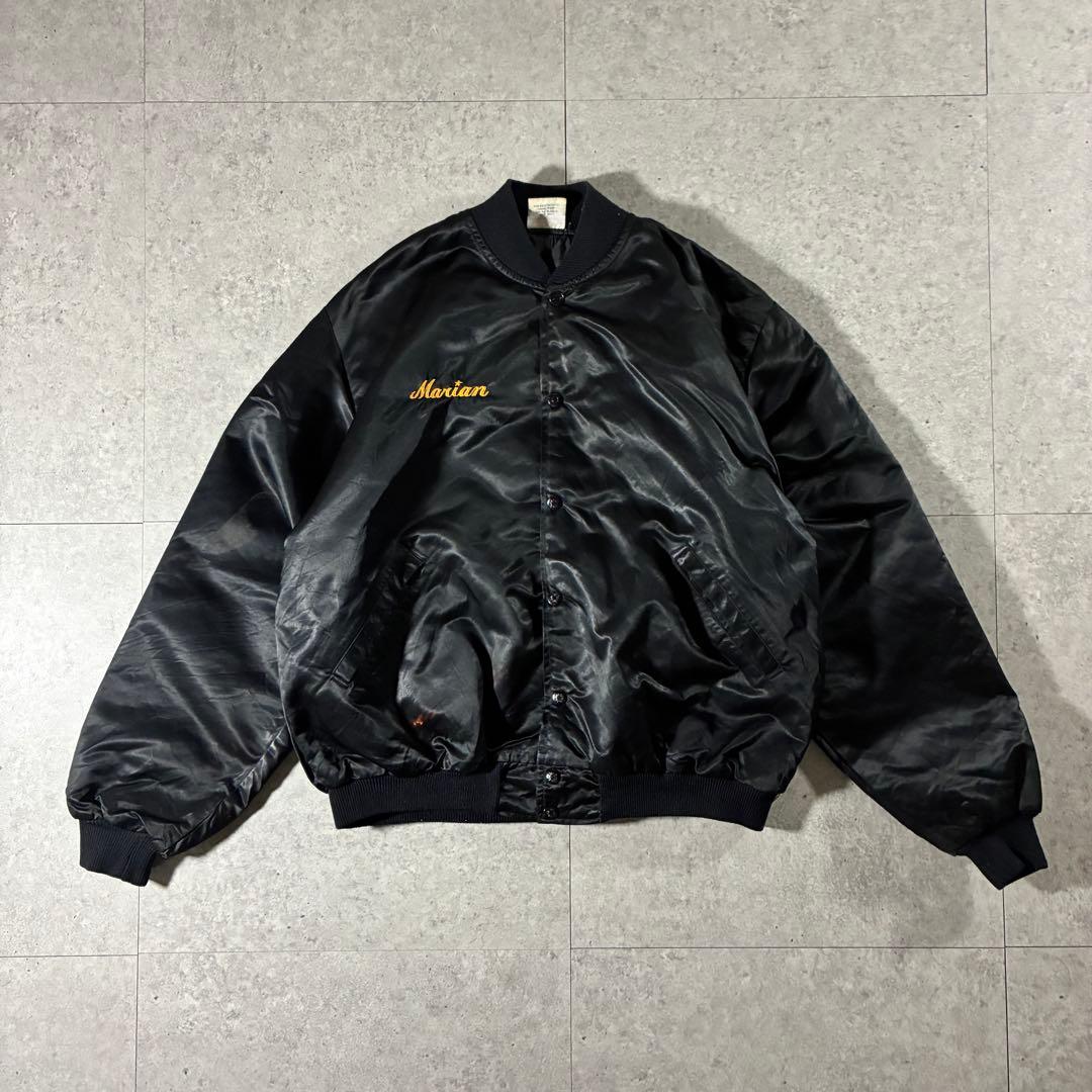 USA製80s Birdie中綿ナイロンスタジャン裏キルト刺繍ブラック短丈