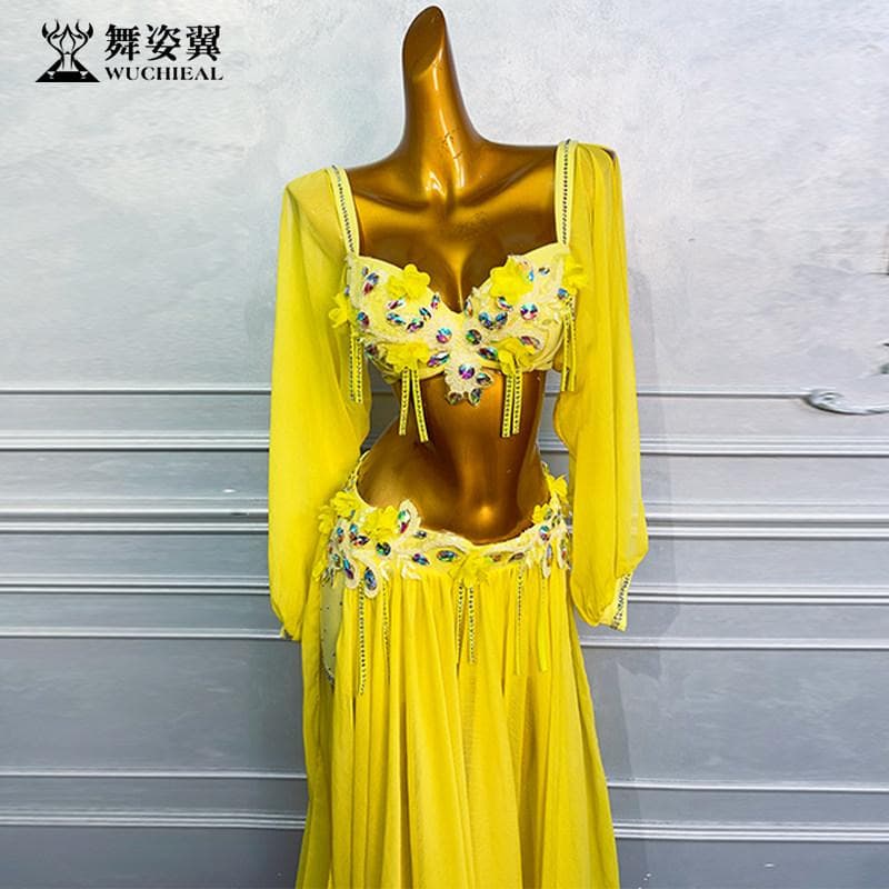 ベリーダンス衣装 ライトイエロー スパンコール オリエンタルダンスセット