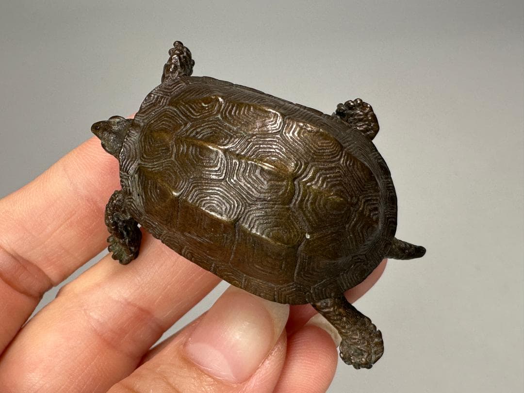 銅製 はた 在銘 亀 カメ 置物 頭尾可動式 鼈 細密細工 煎茶