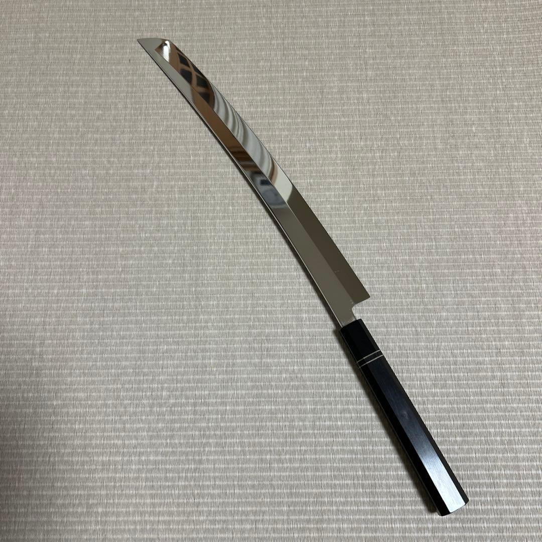 鏡面　尺三　先丸　柳刃　包丁　和包丁　本焼　V金10号　黒檀黒水牛八角柄　鬼反り