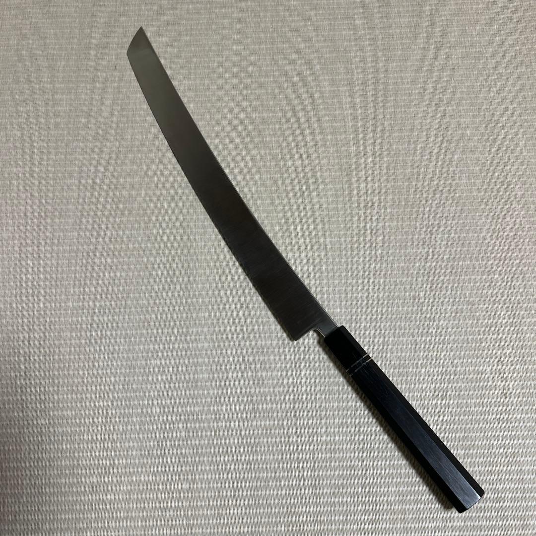 鏡面　尺三　先丸　柳刃　包丁　和包丁　本焼　V金10号　黒檀黒水牛八角柄　鬼反り