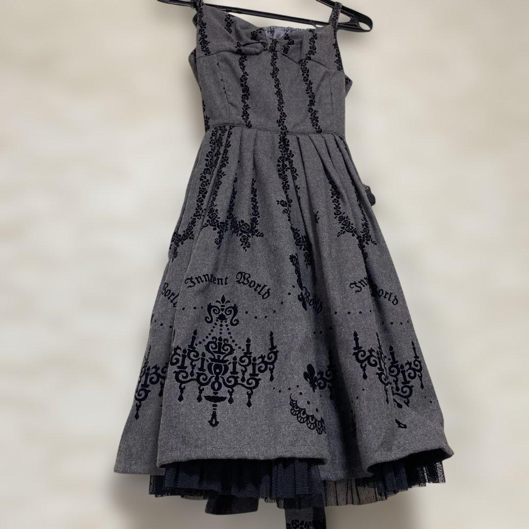 イノセントワールド濃グレー シャンデリアフロッキープリントノースリーブワンピース