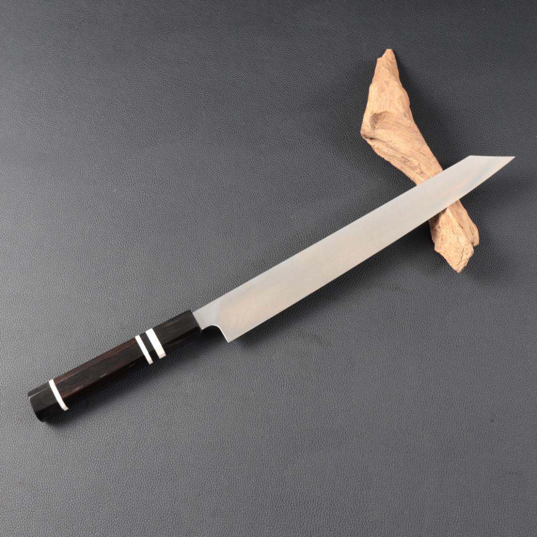 11160左利き用切付包丁 尺 刺身包丁 刃は究極の切れ味黒檀水牛白三本巻八角柄