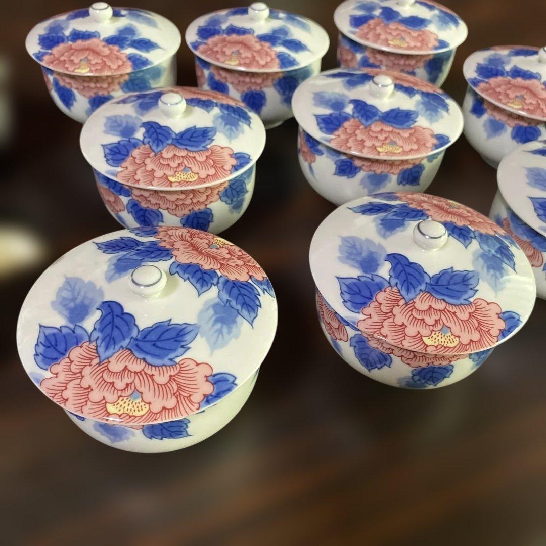 有田焼 有田有陶作 色牡丹絵柄 急須と蓋付き湯呑み10セット