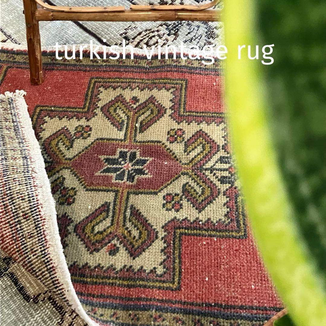 上品✳︎55×99✳︎くすみピンク　穏やかグレー　メダリオン　トルコヴィンテージラグ