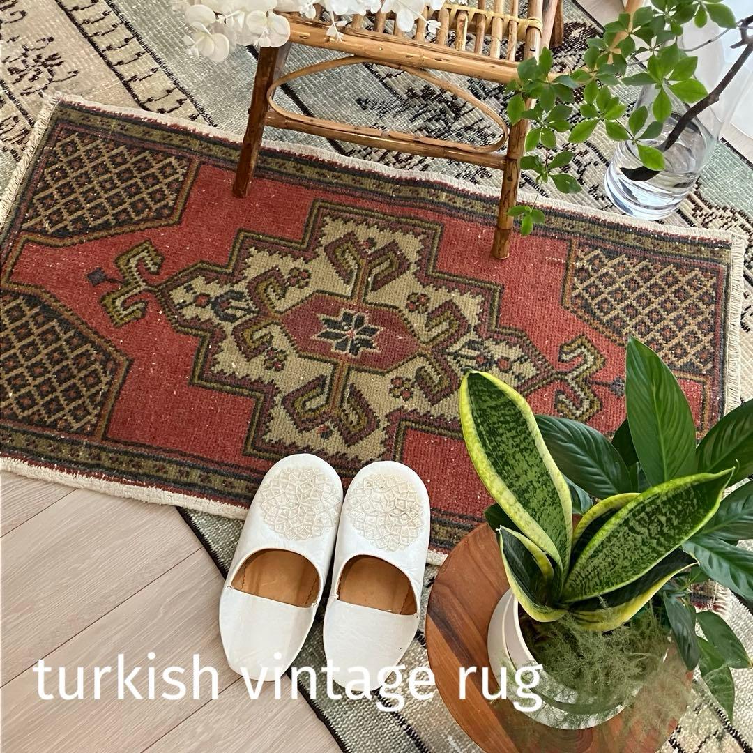 上品✳︎55×99✳︎くすみピンク　穏やかグレー　メダリオン　トルコヴィンテージラグ